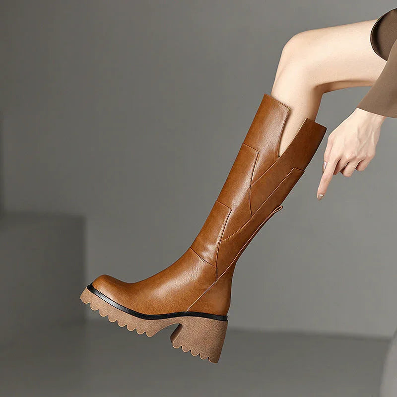 Women's high chunky boots with zipper and block heel