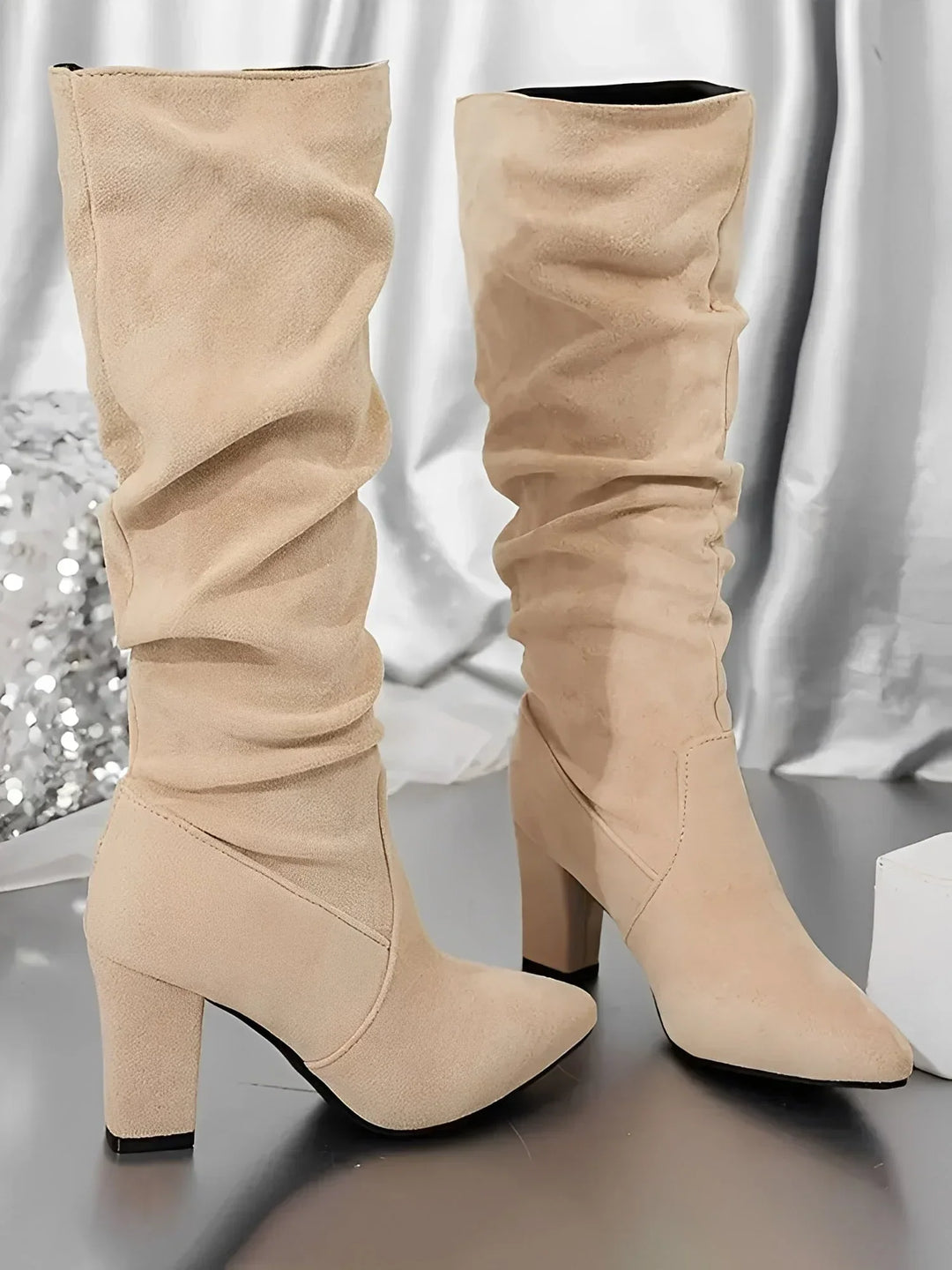 Women's modern knee-high boots with a block heel and ruched detailing