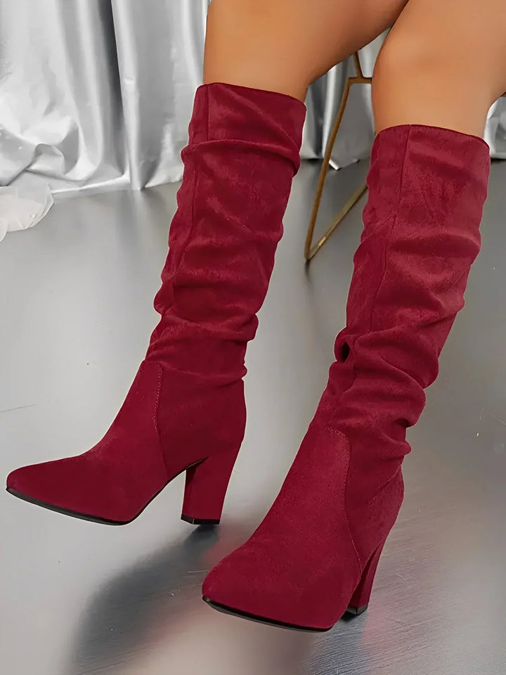 Women's modern knee-high boots with a block heel and ruched detailing