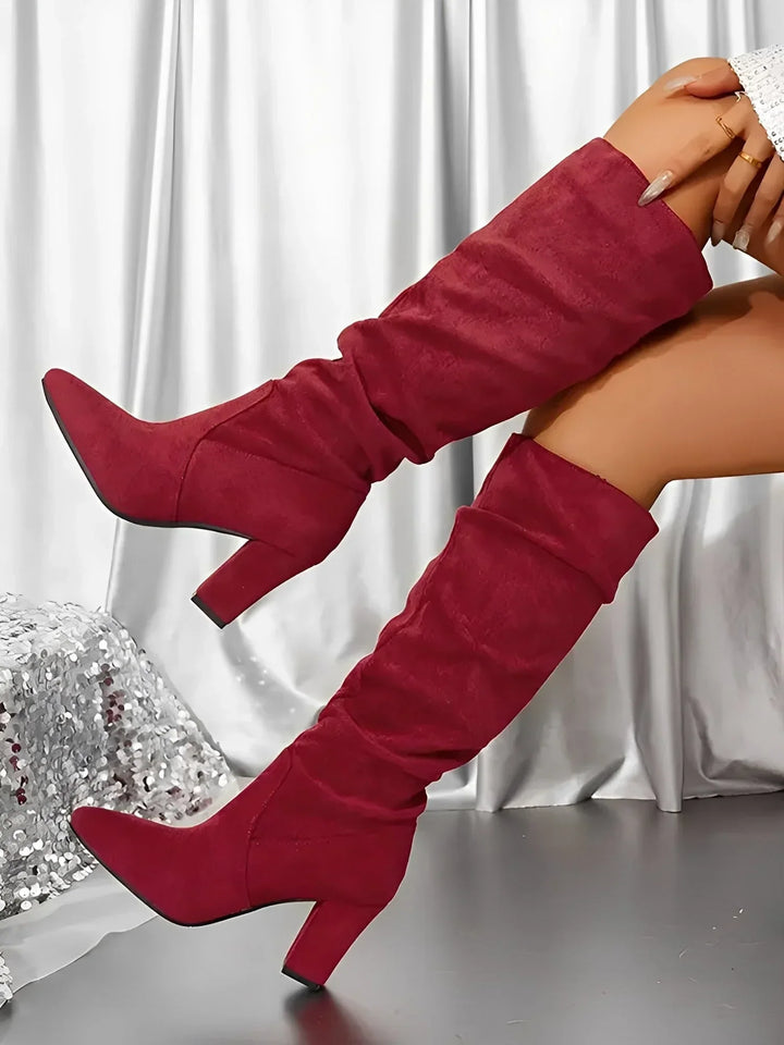 Women's modern knee-high boots with a block heel and ruched detailing