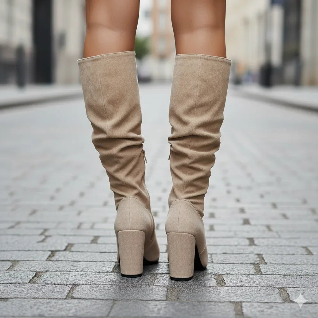 Women's modern knee-high boots with a block heel and ruched detailing