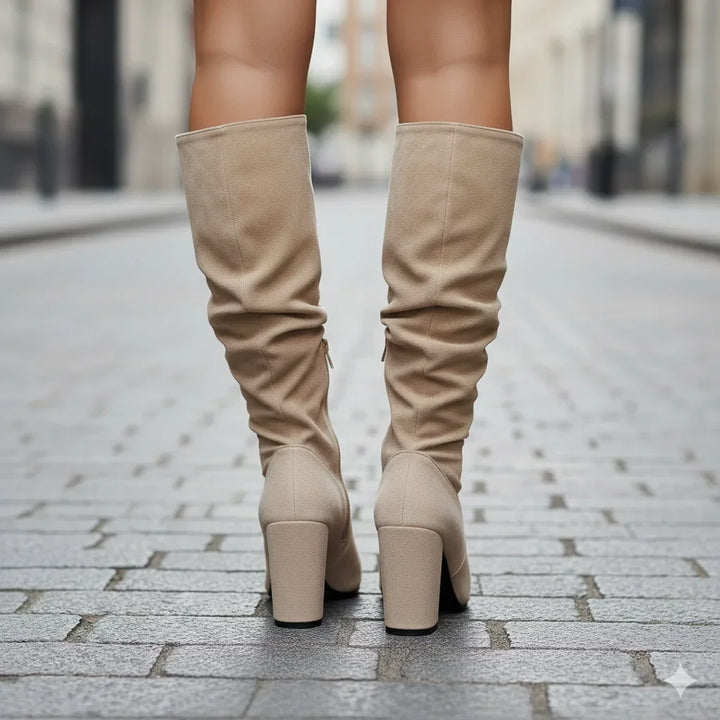 Women's modern knee-high boots with a block heel and ruched detailing