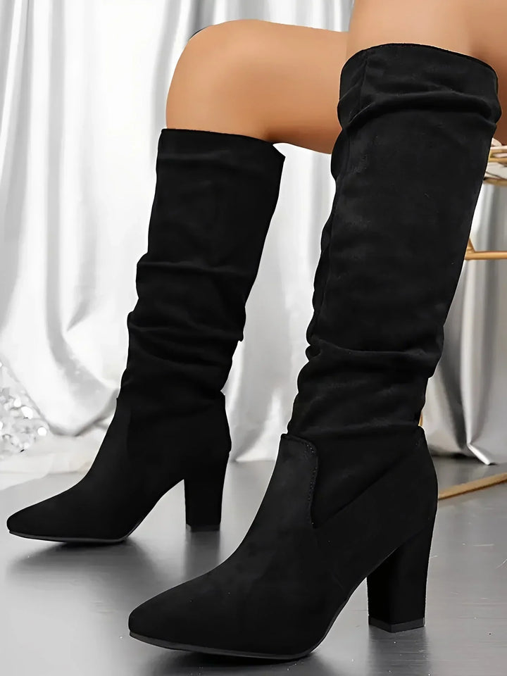 Women's modern knee-high boots with a block heel and ruched detailing
