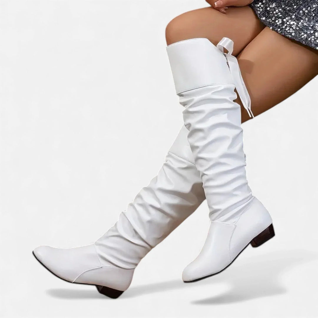 Women's mid-calf boots with decorative bow and low heel