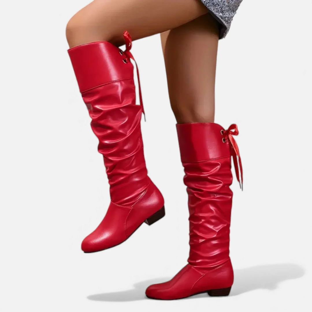 Women's mid-calf boots with decorative bow and low heel