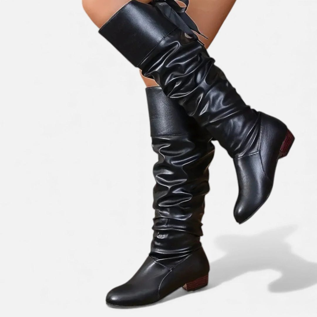 Women's mid-calf boots with decorative bow and low heel