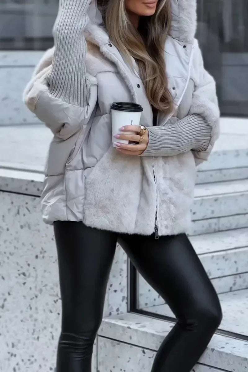 Quilted winter cape with hood and faux-fur collar