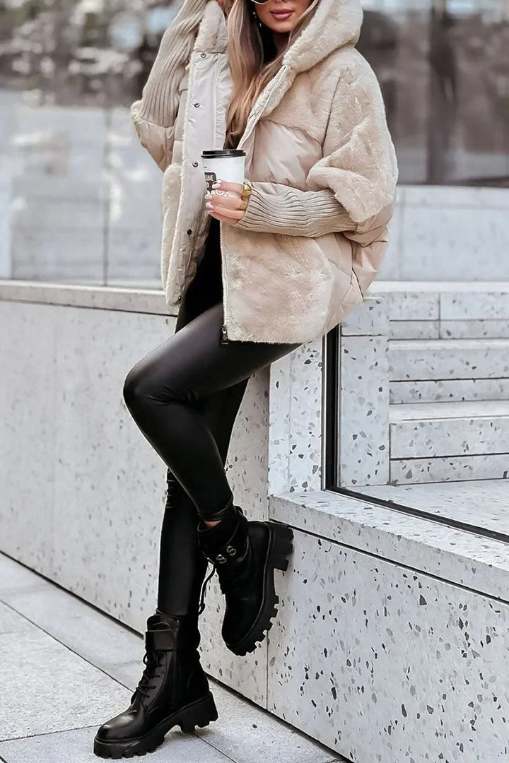 Quilted winter cape with hood and faux-fur collar