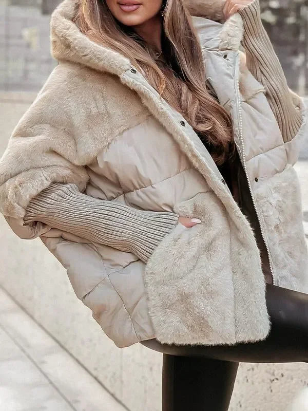 Quilted winter cape with hood and faux-fur collar