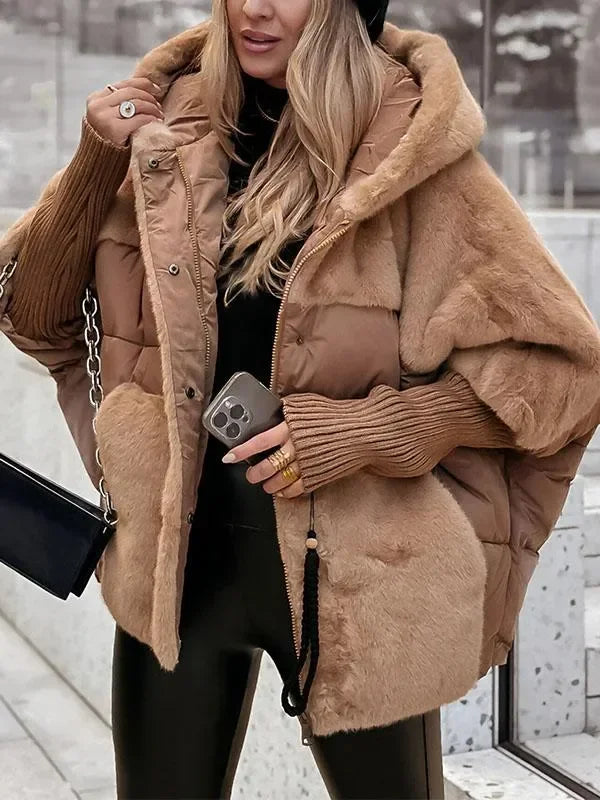 Quilted winter cape with hood and faux-fur collar