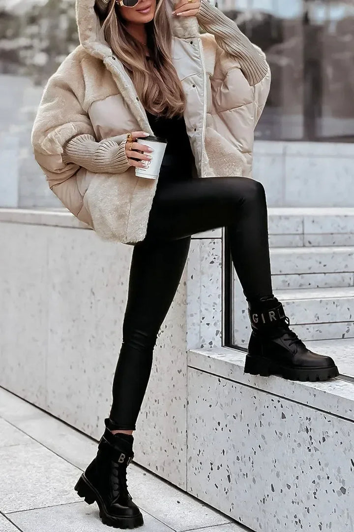 Quilted winter cape with hood and faux-fur collar