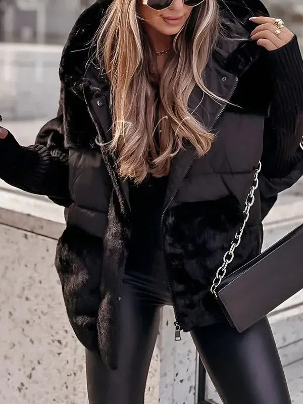 Quilted winter cape with hood and faux-fur collar