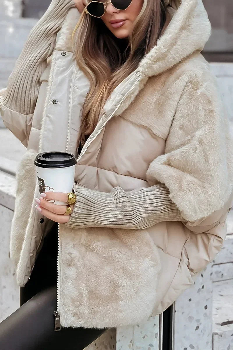 Quilted winter cape with hood and faux-fur collar
