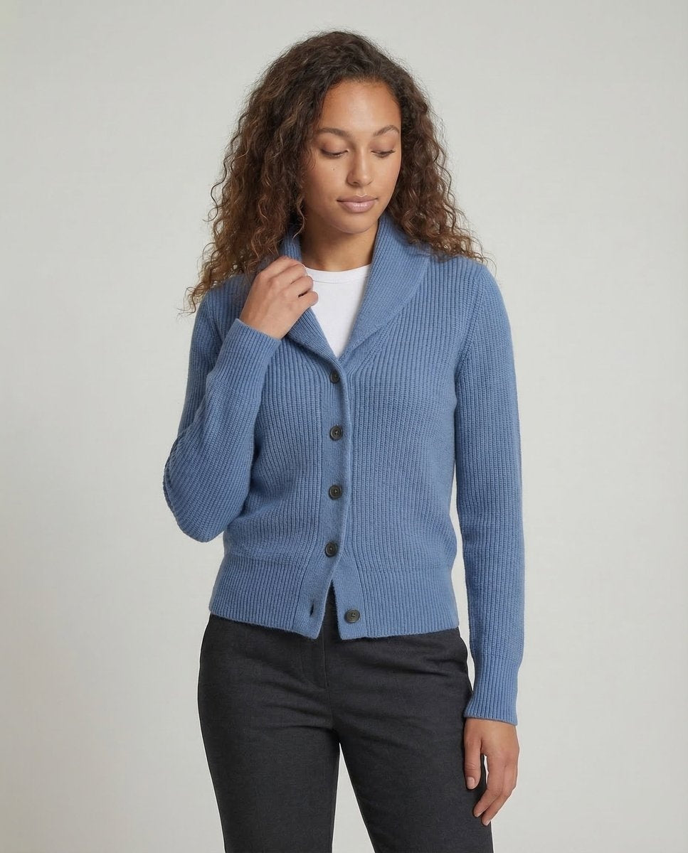 Women’s Knitted Cardigan with Lapel Collar, Button Front, and Long Sleeves