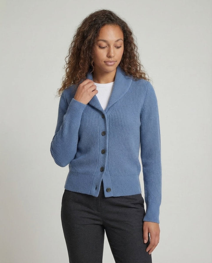 Women’s Knitted Cardigan with Lapel Collar, Button Front, and Long Sleeves