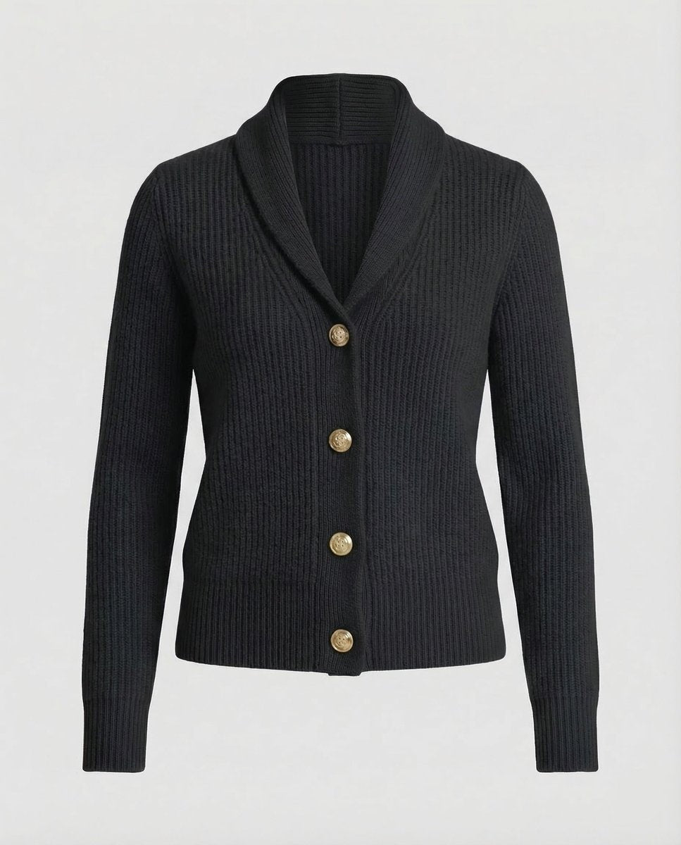 Women’s Knitted Cardigan with Lapel Collar, Button Front, and Long Sleeves