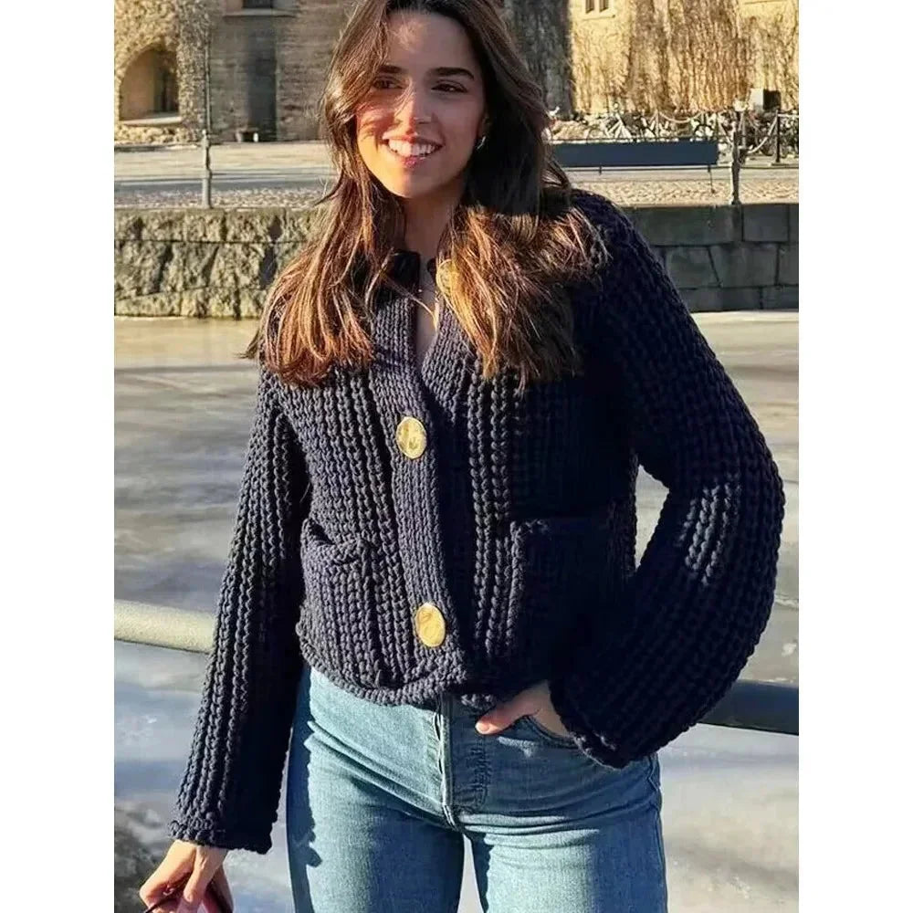 Navy blue buttoned women's Cardigan with relaxed fit