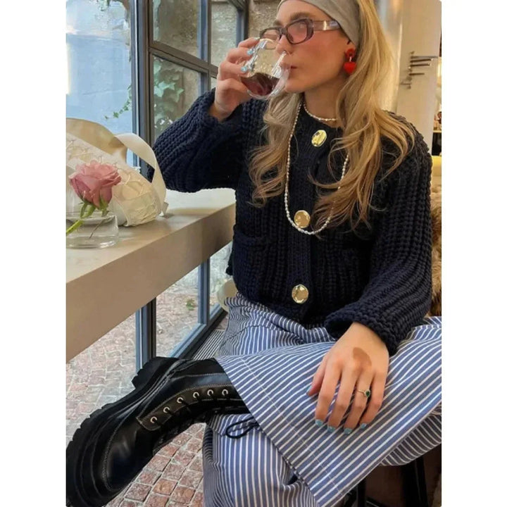 Navy blue buttoned women's Cardigan with relaxed fit