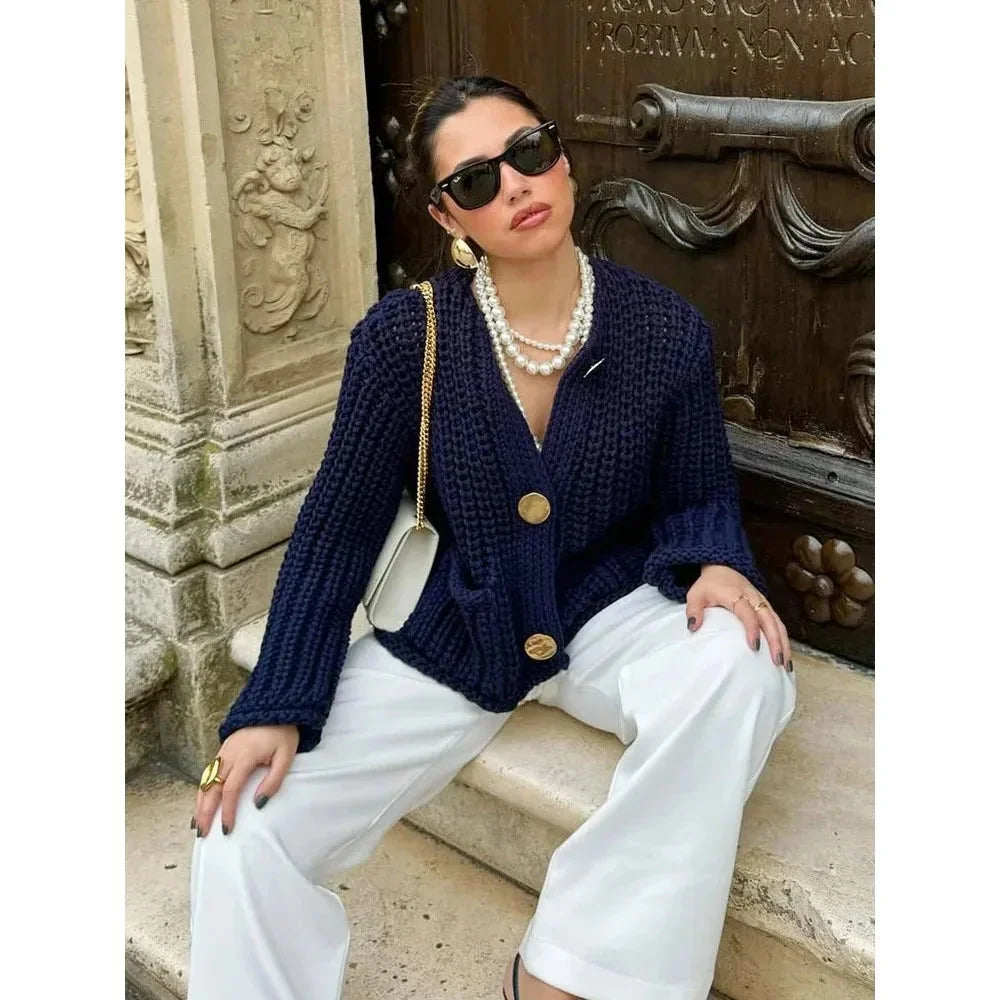 Navy blue buttoned women's Cardigan with relaxed fit