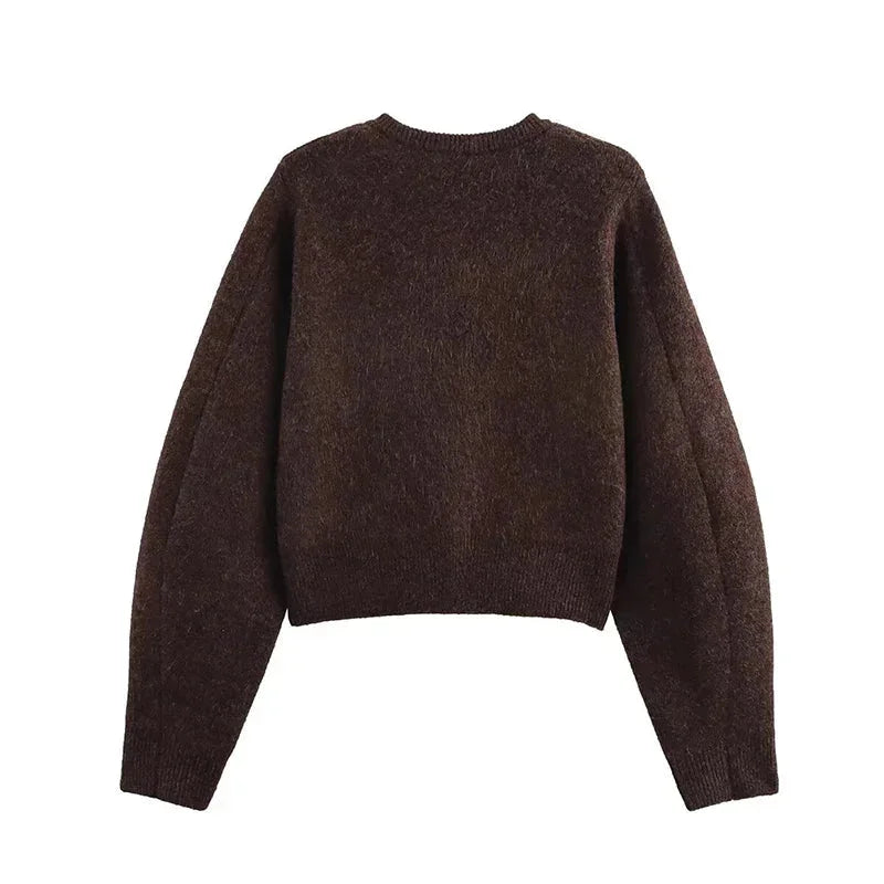 Brown knitted women's cardigan with practical pockets