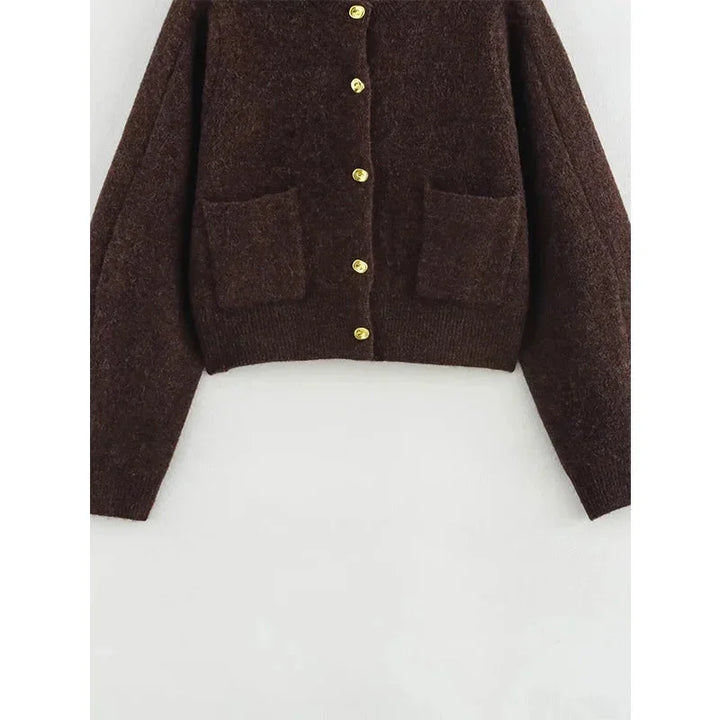 Brown knitted women's cardigan with practical pockets