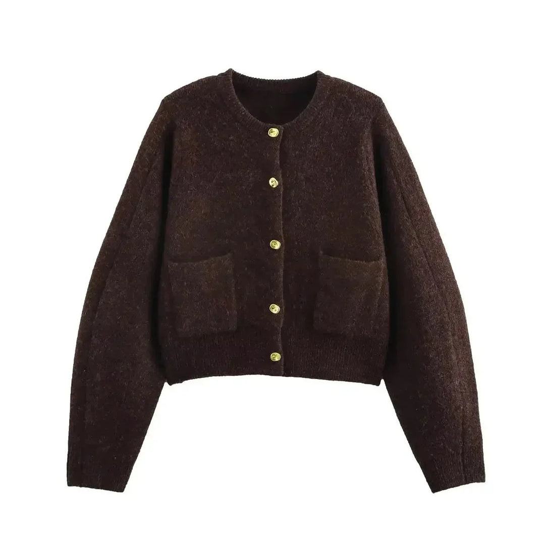 Brown knitted women's cardigan with practical pockets