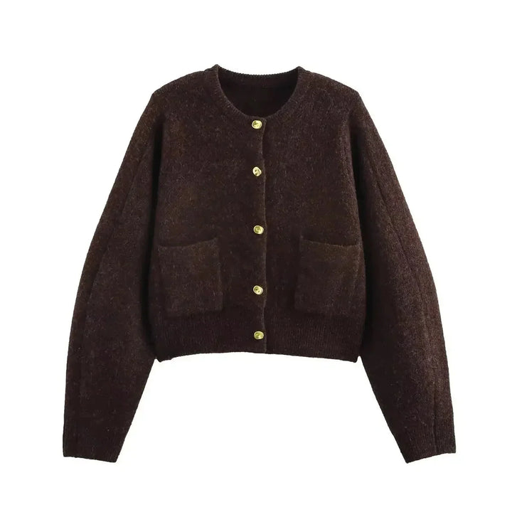 Brown knitted women's cardigan with practical pockets