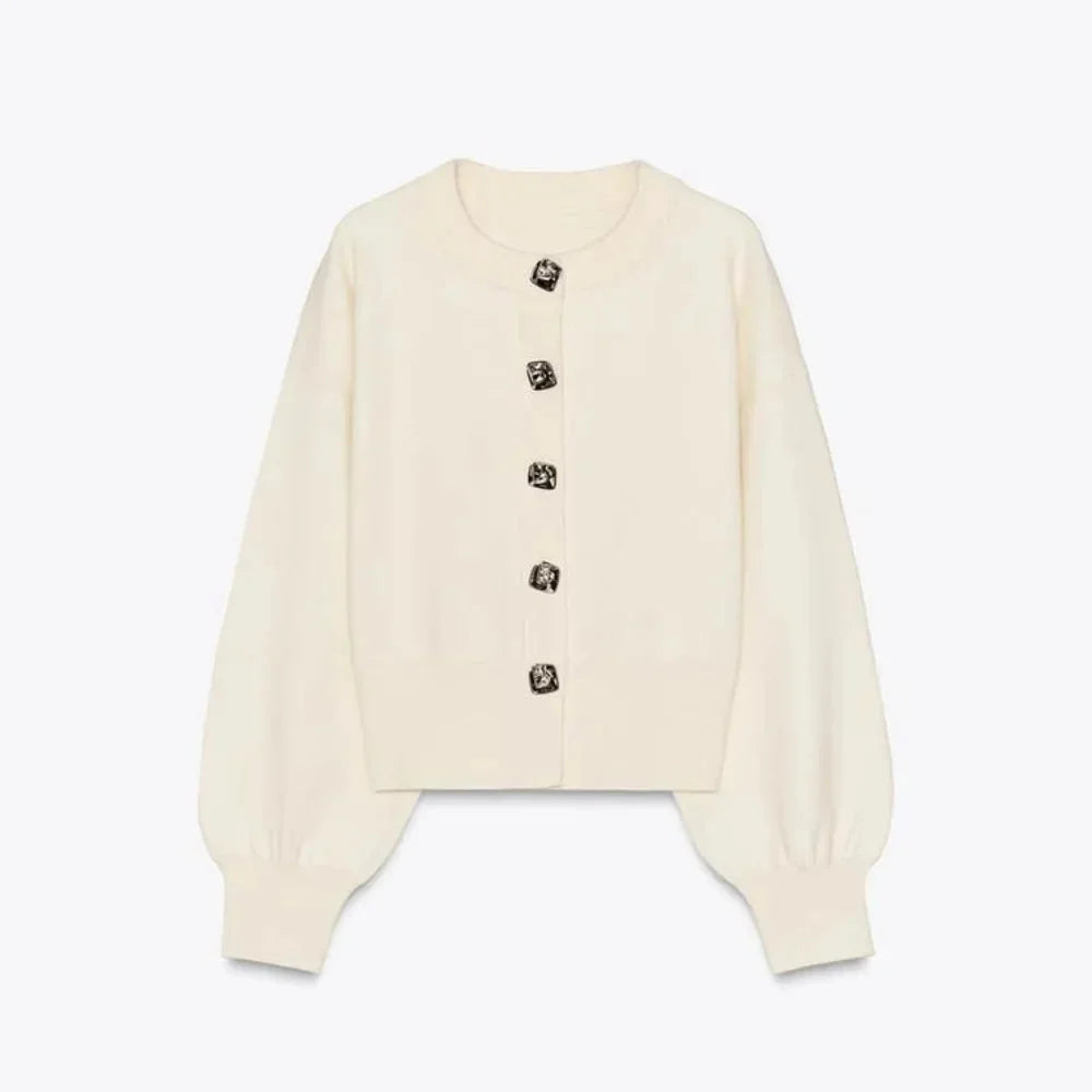 Cream Women's Cardigan with Stylish Buttons and Long Sleeves