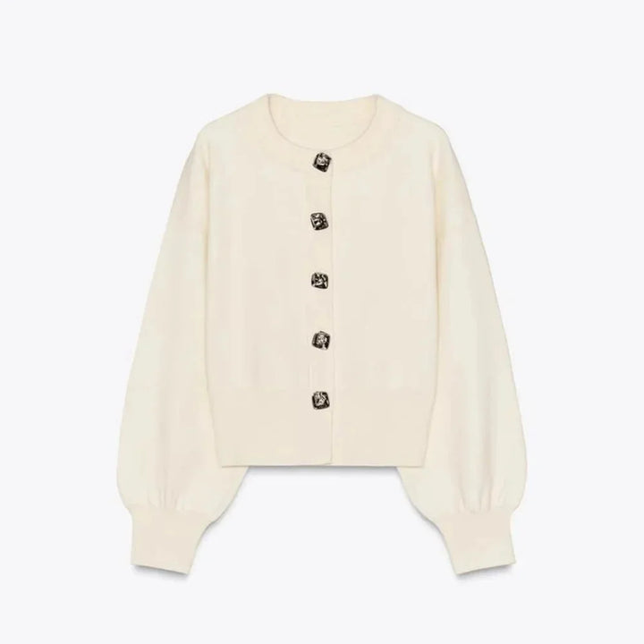 Cream Women's Cardigan with Stylish Buttons and Long Sleeves
