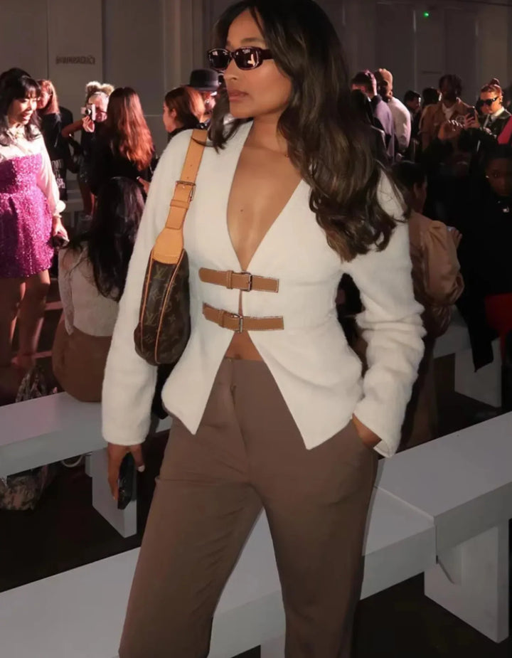 Modern women's cardigan with beige straps