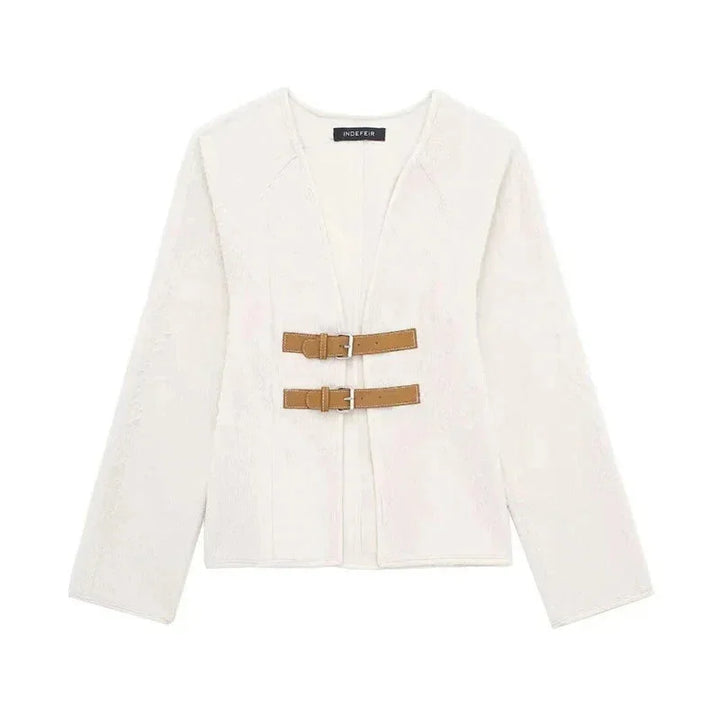 Modern women's cardigan with beige straps