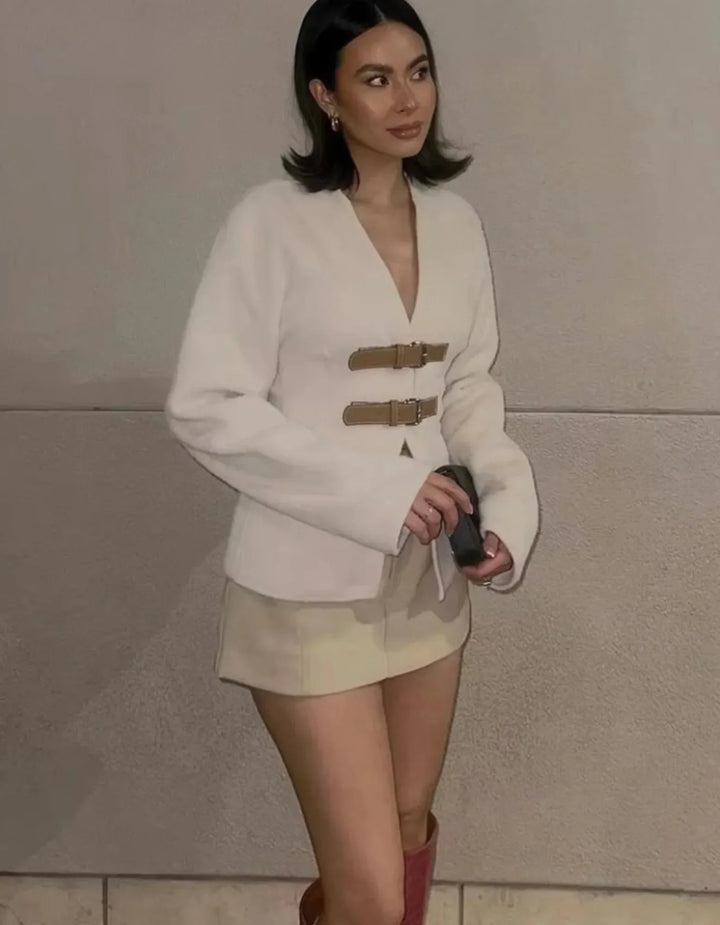 Modern women's cardigan with beige straps