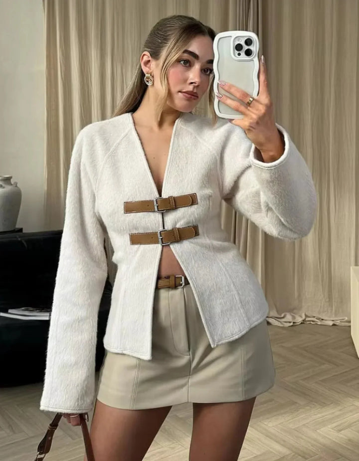 Modern women's cardigan with beige straps