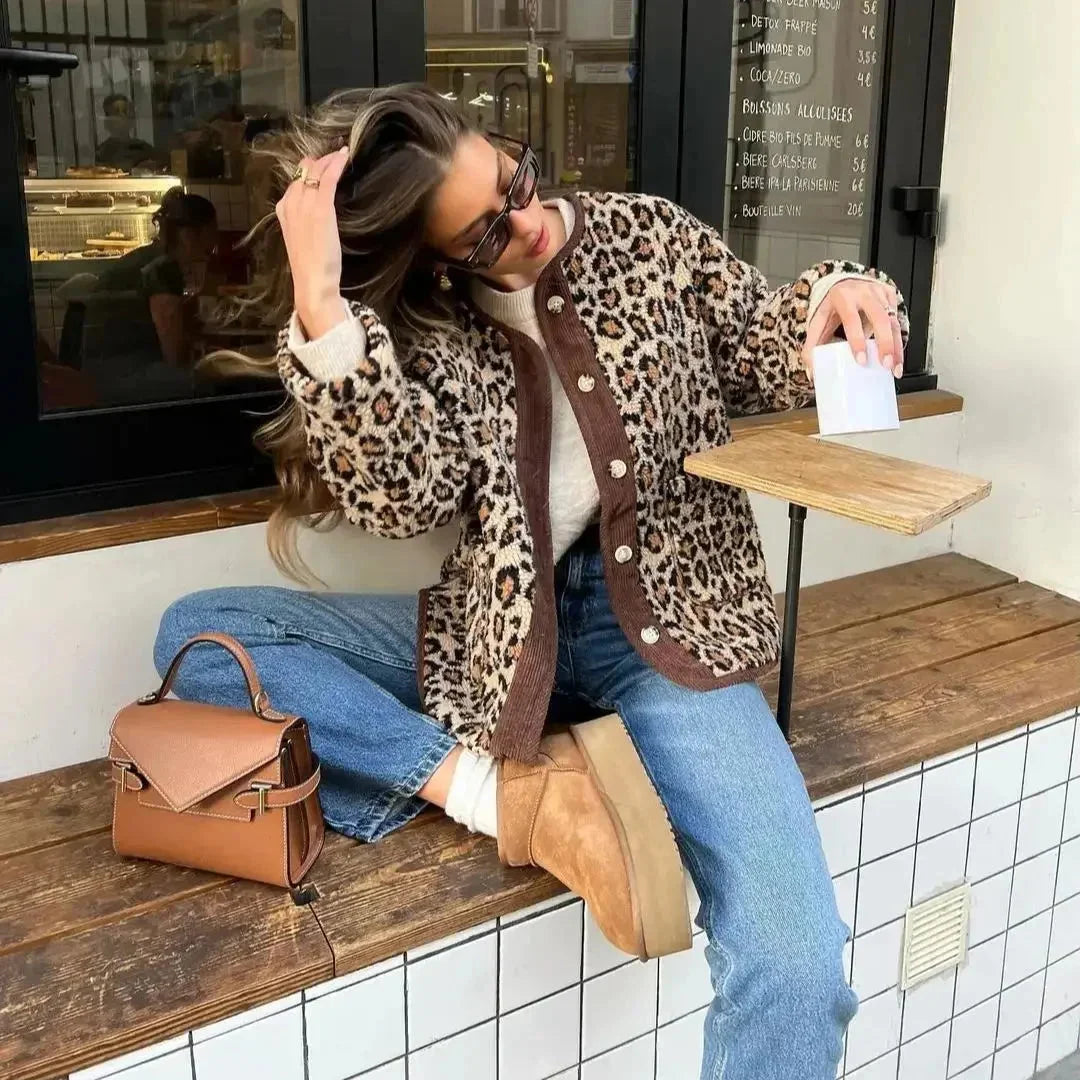 Women's Leopard Print Cardigan with Button Closure