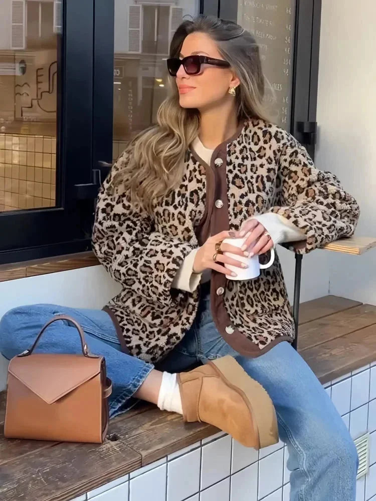 Women's Leopard Print Cardigan with Button Closure