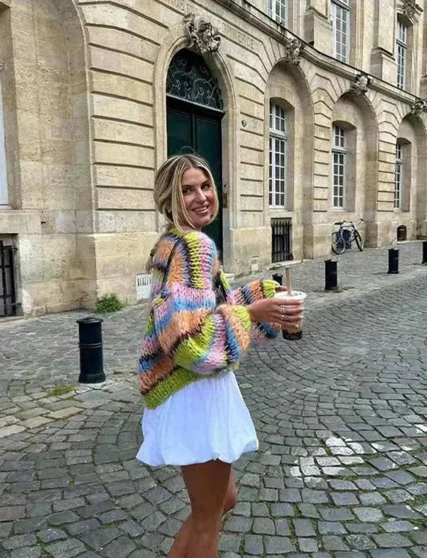 Women's multicolored striped knit cardigan