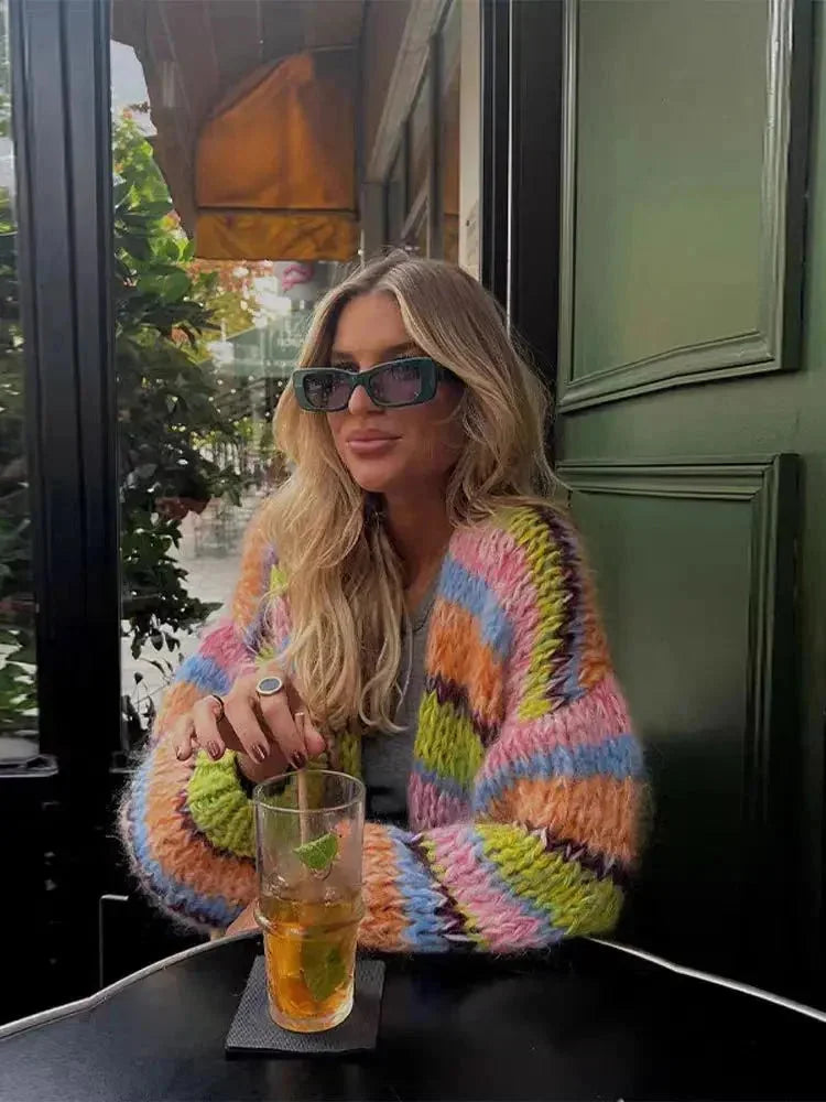 Women's multicolored striped knit cardigan