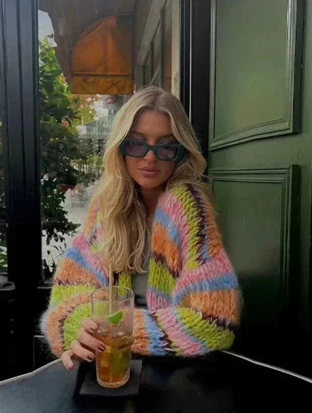 Women's multicolored striped knit cardigan