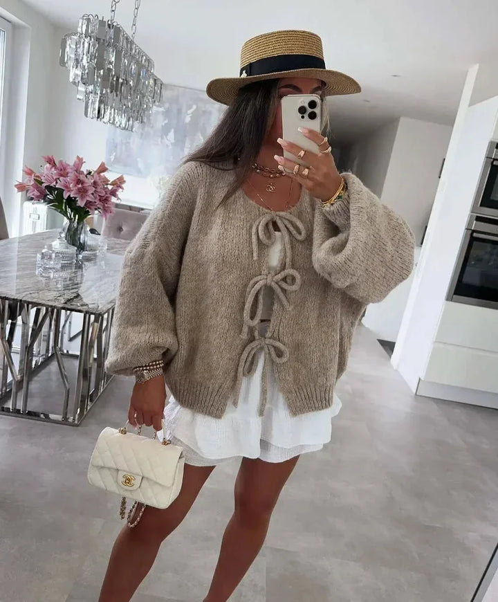 Women's Tie-Front Cardigan with Loose Knit Sleeves
