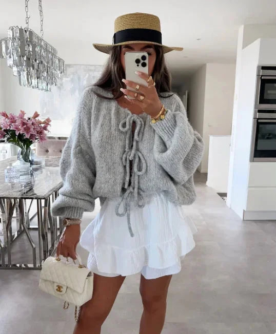 Women's Tie-Front Cardigan with Loose Knit Sleeves