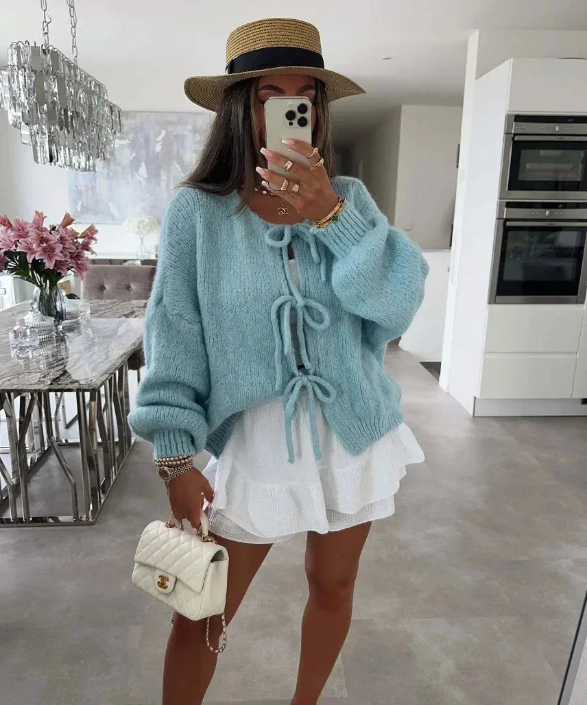 Women's Tie-Front Cardigan with Loose Knit Sleeves