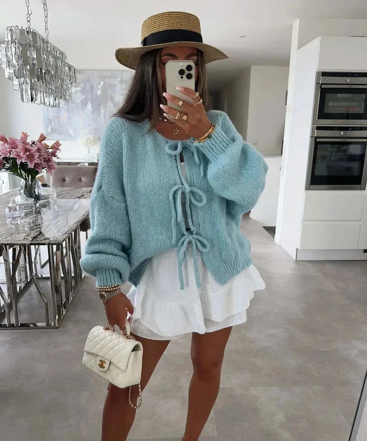 Women's Tie-Front Cardigan with Loose Knit Sleeves