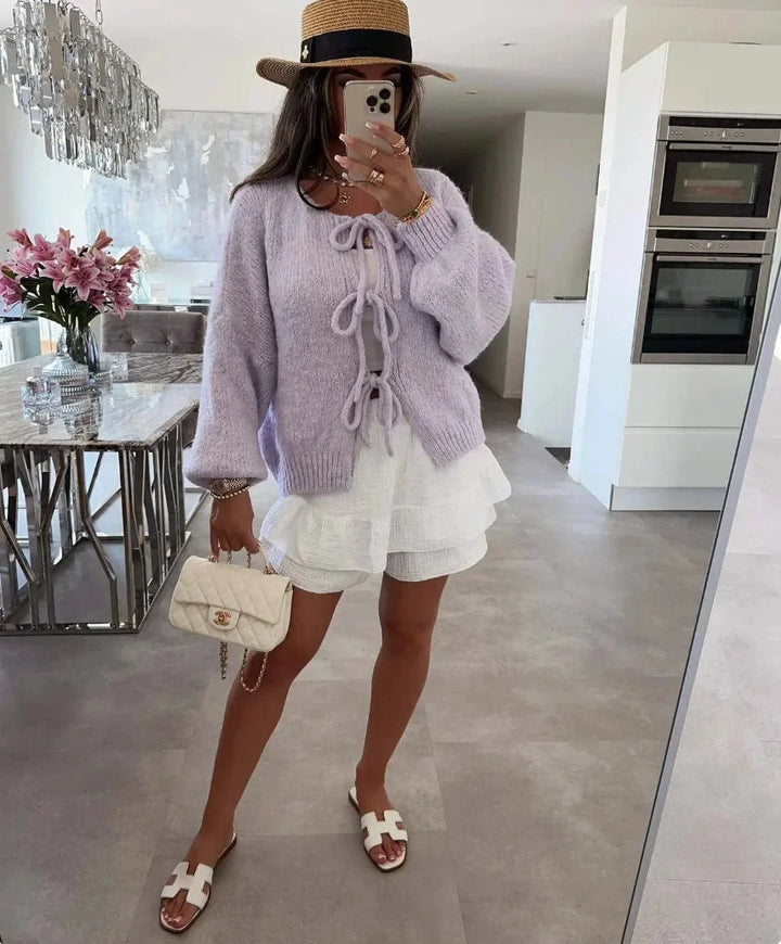 Women's Tie-Front Cardigan with Loose Knit Sleeves