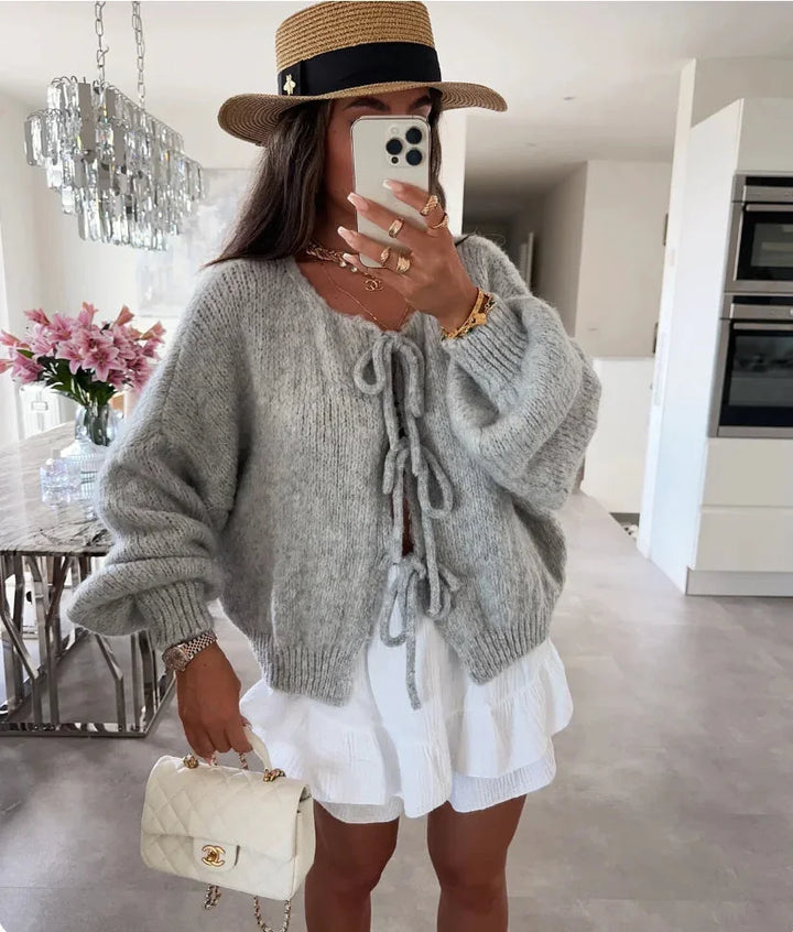 Women's Tie-Front Cardigan with Loose Knit Sleeves