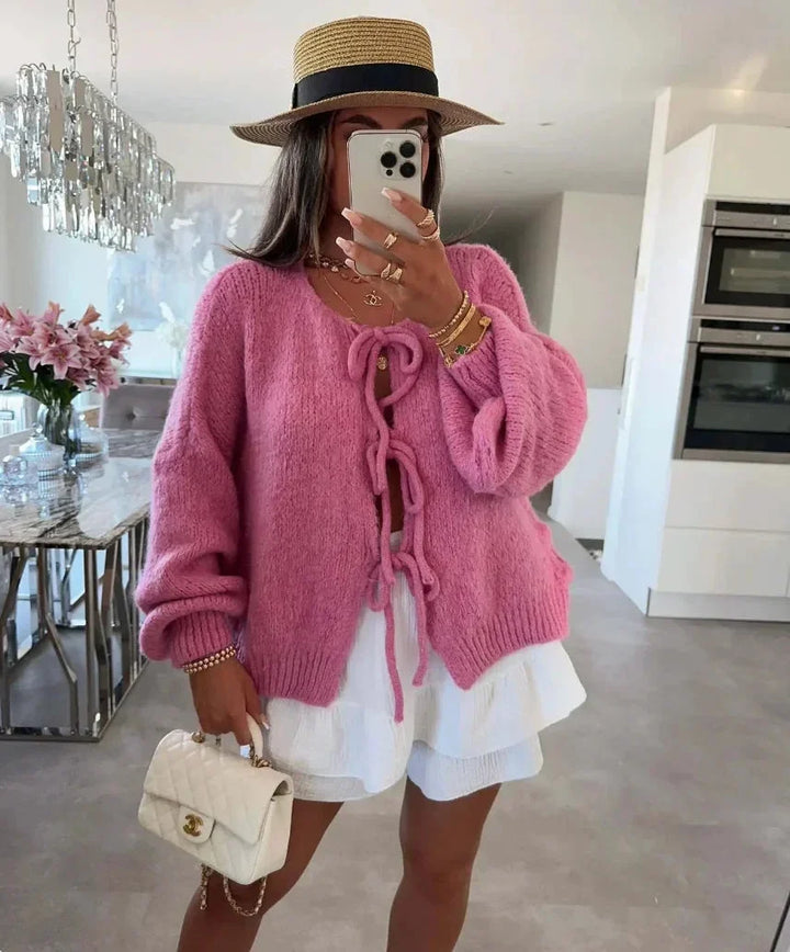 Women's Tie-Front Cardigan with Loose Knit Sleeves