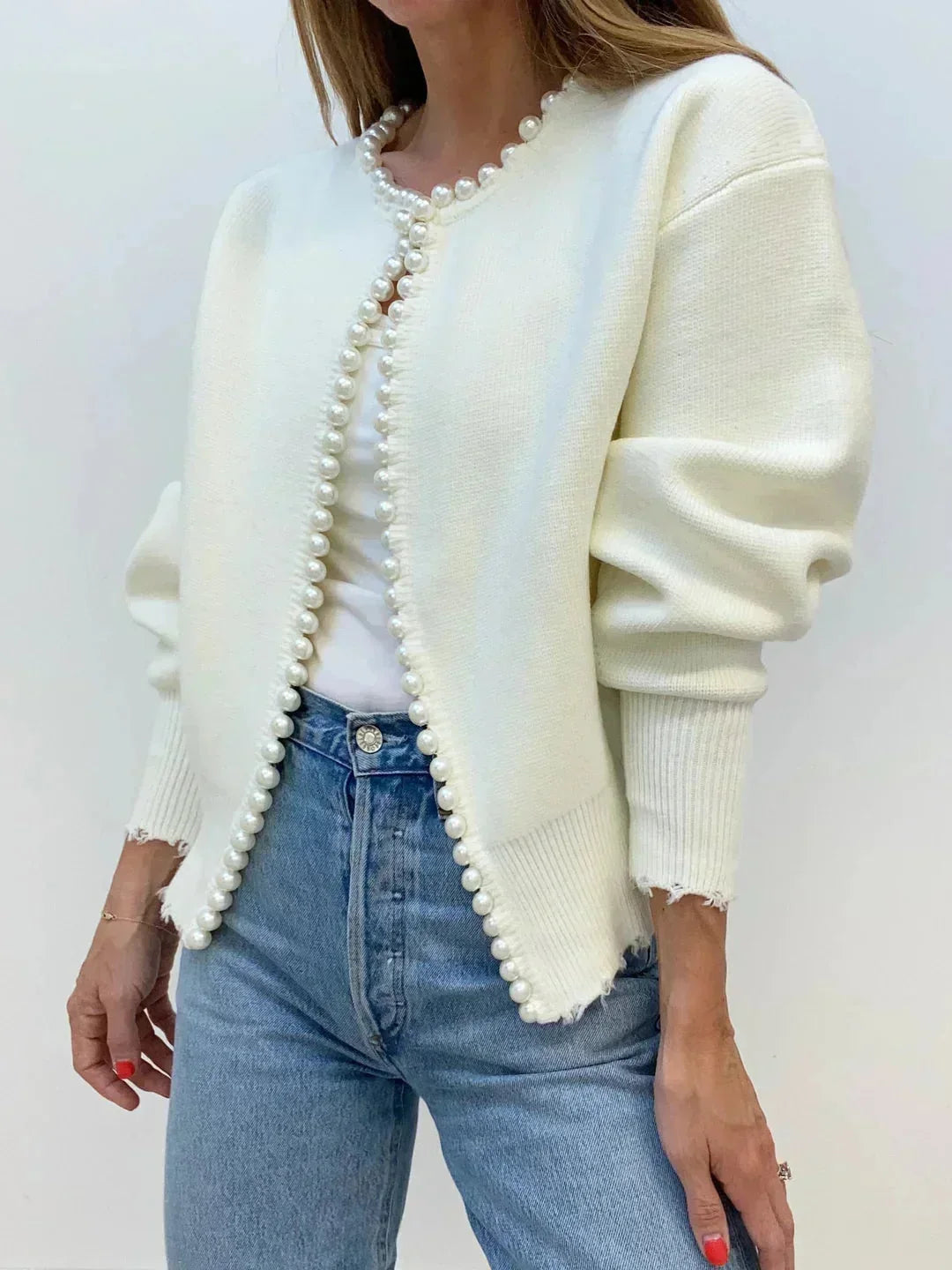 Open-front cardigan for women with elegant pearl trim