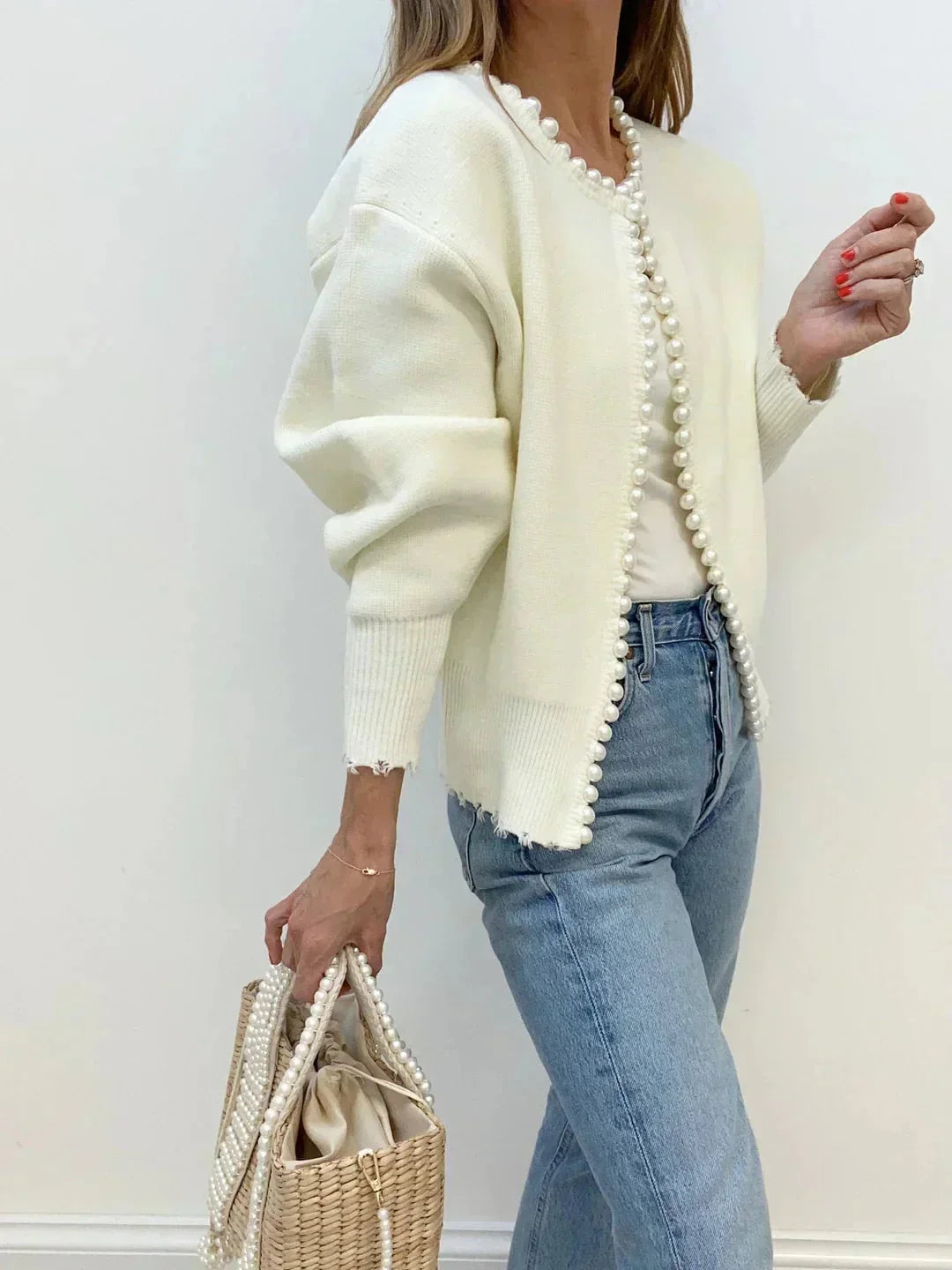 Open-front cardigan for women with elegant pearl trim