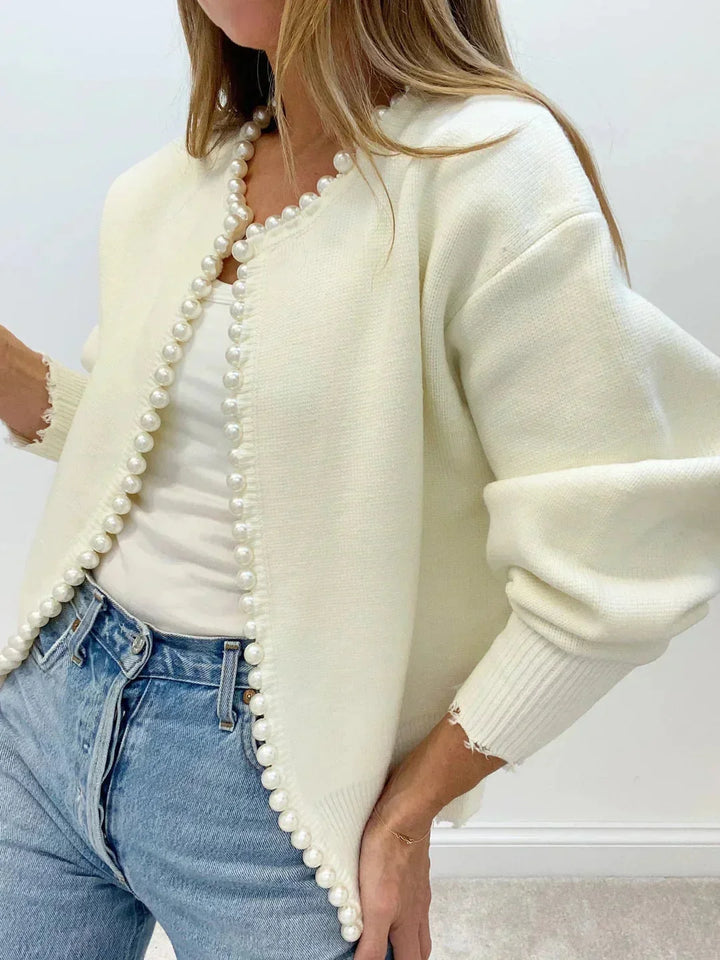 Open-front cardigan for women with elegant pearl trim