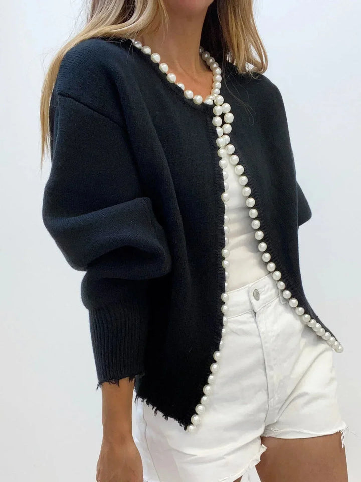 Open-front cardigan for women with elegant pearl trim
