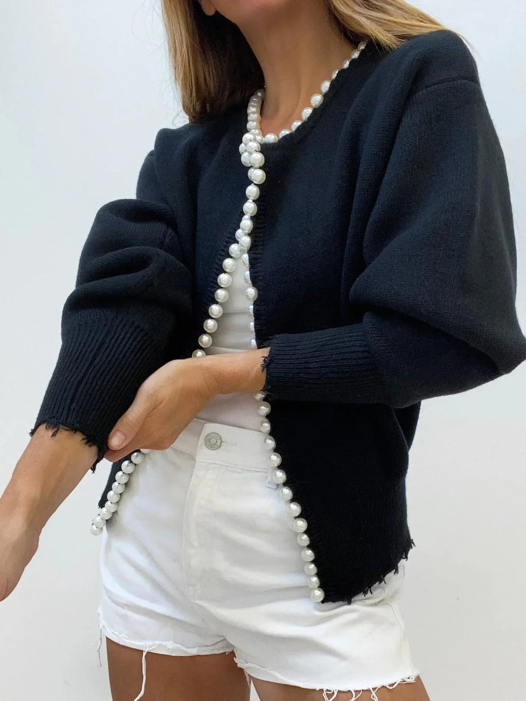 Open-front cardigan for women with elegant pearl trim